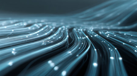 Futuristic glowing blue fiber optic data streams with depth and motionの素材