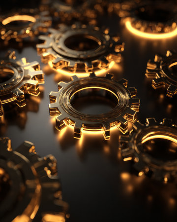 Shiny golden gears on dark background, luxury technology and business conceptの素材