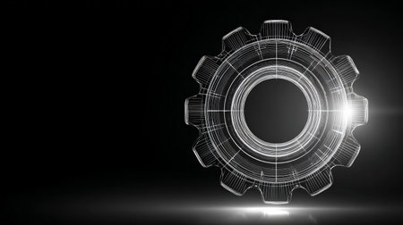 Wireframe gear with glowing light on black background, futuristic engineering conceptの素材