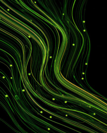 Glowing green flowing lines with light particles on black background, abstract digital energy stream designの素材