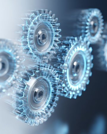 Futuristic glowing gears in motion with digital blue light effectの素材