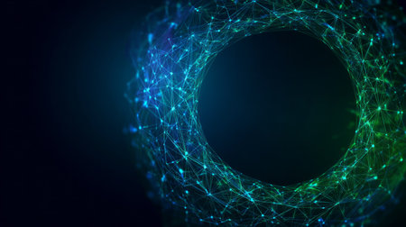 Blue green glowing digital ring with network lines and copy space on dark backgroundの素材