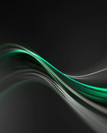 Abstract green and gray flowing wave lines on dark backgroundの素材