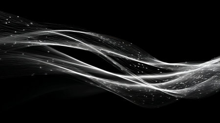 Abstract flowing white fiber light lines on black backgroundの素材