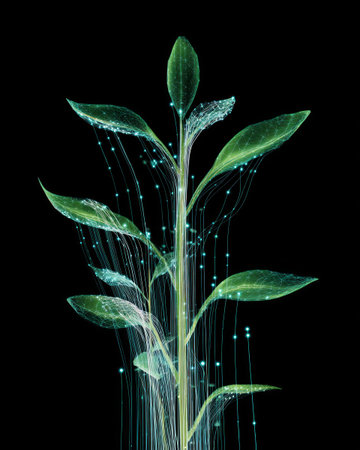 Digital plant with glowing data connections symbolizing biotechnology, innovation, and sustainable growthの素材