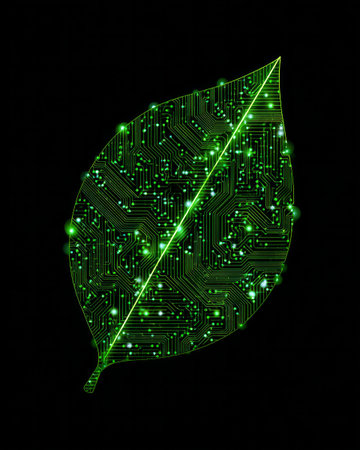 Green leaf shaped as circuit board glowing with technology and sustainability conceptの素材