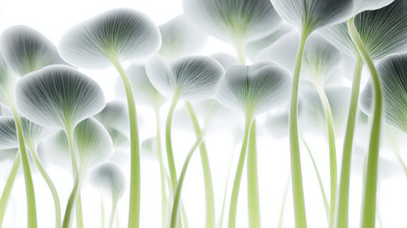Abstract organic green and white structures resembling mushrooms or leaves with minimal bright backgroundの素材