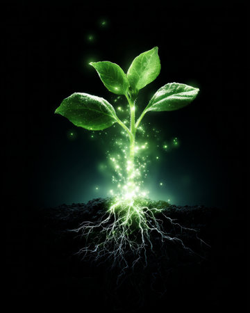 Glowing green seedling with luminous roots and sparkling energy particles symbolizing growth and sustainabilityの素材