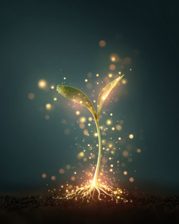 Glowing seedling with luminous roots and sparkling bokeh symbolizing growth, sustainability and new beginningsの素材