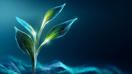 Digital plant sprout with glowing neon leaves and futuristic data flow in blue and greenの素材