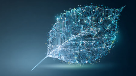 Glowing digital leaf with luminous circuit board pattern and floating particles symbolizing eco technology and sustainable innovationの素材