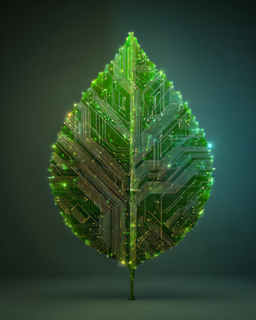 Glowing green leaf designed as circuit board symbolizing eco technology and sustainabilityの素材