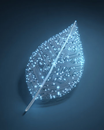 Futuristic blue leaf with glowing circuit board pattern symbolizing clean energy and digital ecologyの素材