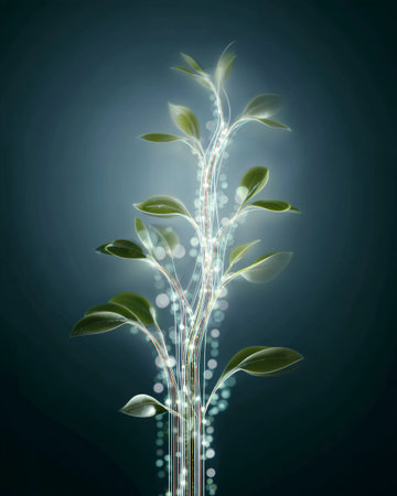 Futuristic plant with glowing data streams symbolizing biotechnology, sustainability, and digital growthの素材