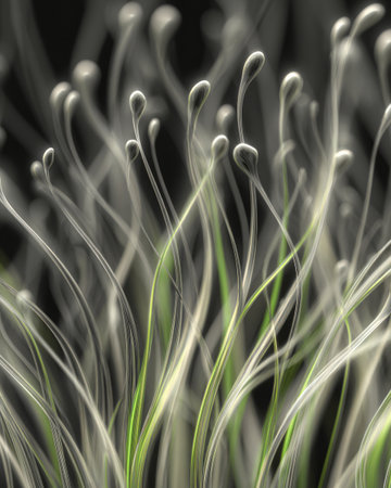 Abstract organic green and white flowing stems with soft light and curved linesの素材