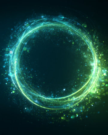Glowing energy circle in green and blue with digital light particles on dark backgroundの素材