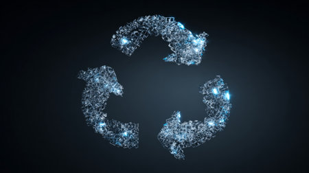 Futuristic glass recycle arrows with glowing blue fragments on dark backgroundの素材
