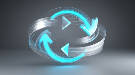 Futuristic glowing blue recycle arrows in 3D loop with transparent effect on gray backgroundの素材