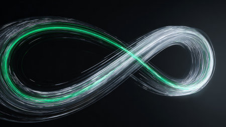 Infinity symbol made of glowing green and white light trails on dark backgroundの素材