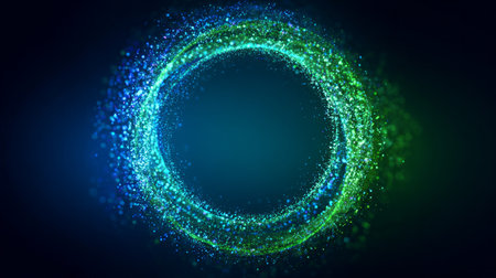 Blue and green glowing circle with sparkling digital particles on dark backgroundの素材