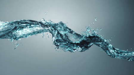 Dynamic splash of clear turquoise water on gray background in high detailの素材
