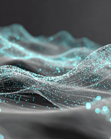 Abstract wave of turquoise glowing particles and flowing lines on dark backgroundの素材