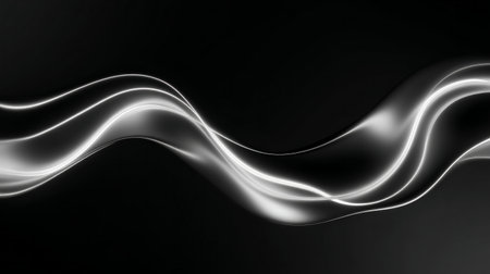 Minimalist silver flowing wave lines on black background, abstract designの素材