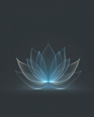 Minimal abstract lotus flower with translucent blue petals on dark backgroundの素材