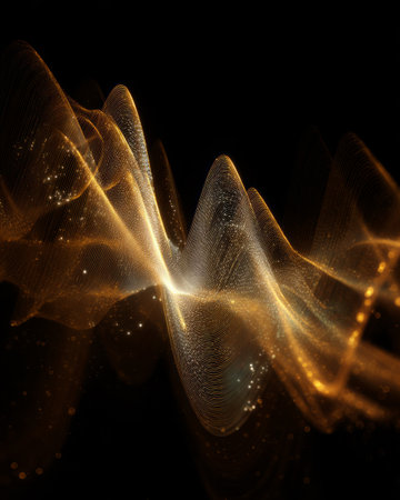 Golden luminous wave with glowing particles and abstract flowing energy lines on black backgroundの素材
