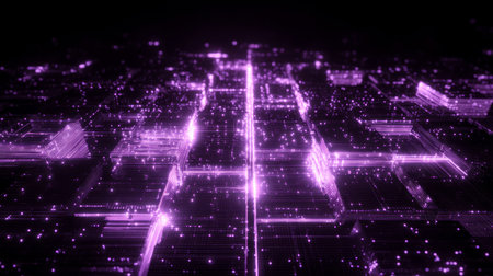 Abstract glowing purple blockchain data grid with digital city structureの素材