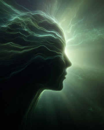 Mystical glowing human face silhouette with green light energy flow backgroundの素材