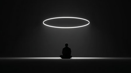 Minimal meditating silhouette beneath glowing white light ring on dark atmospheric backgroundの素材