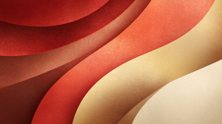 Warm abstract layered curves in red and gold with textured gradient design backgroundの素材