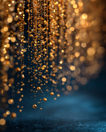 Golden droplet strings with warm bokeh lights on deep blue background in abstract motionの素材
