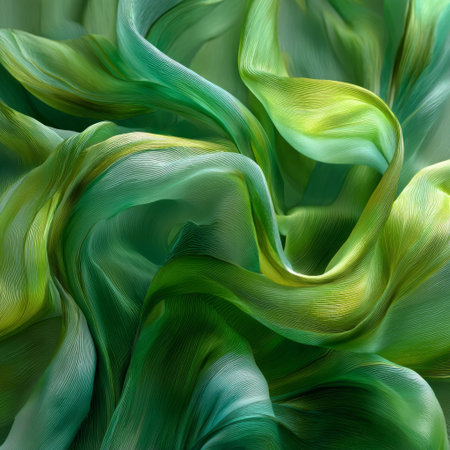 Abstract flowing green fabric texture with soft light and detailed organic wave patternsの素材