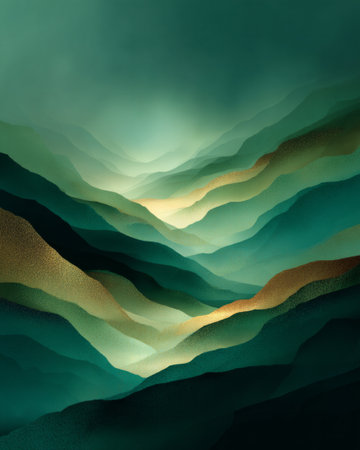 Layered green and gold abstract landscape with soft gradients and atmospheric depthの素材