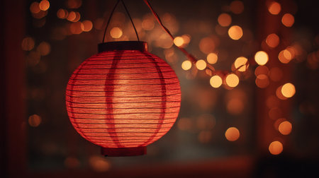 Warm glowing red lantern with golden bokeh lights creating festive atmospheric backgroundの素材