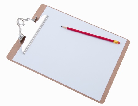 Blank paper for notes on clipboard with red pencilの写真素材