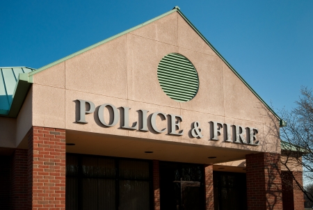 Town municipal building housing police and fire deptsの写真素材