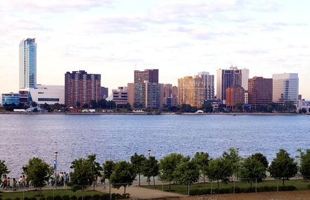 Downtown Windsor Canada on Detroit Riverの写真素材