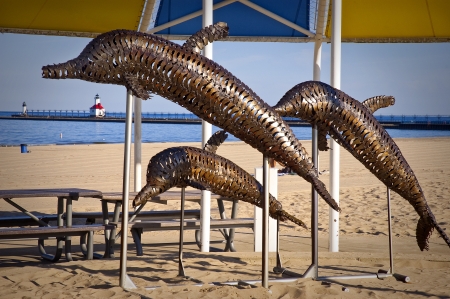 Dolphin Monument Lake Michigan Beachの写真素材