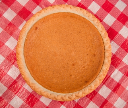 Red Checkered table cloth with Pumpkin pieの写真素材