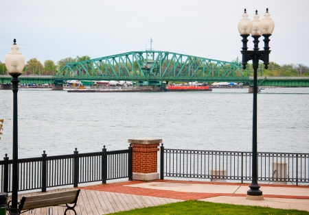 Detroit river down stream bridge to island parkの写真素材
