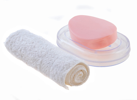 Wash cloth and pink bar soapの写真素材