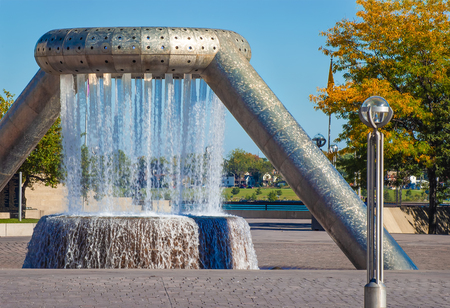 Hart plaza fountain near RenCen Detroit downtownの写真素材