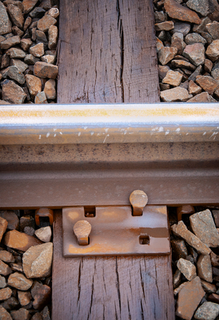 Close up of rail tie mount with nailsの写真素材