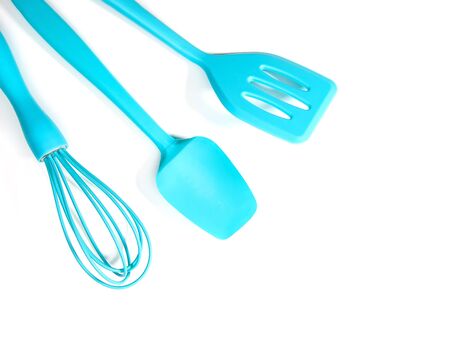 Colorful mini cooking utensils  blue plastic on whiteの写真素材