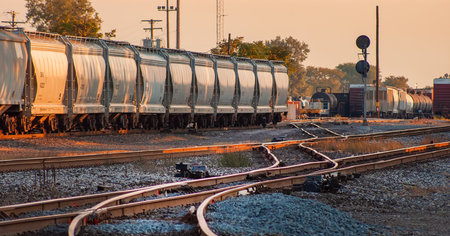 Switching tank railcars at local industrial railyard Detroit Michigan at sunriseの写真素材