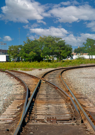 Railroad track switch spur direction of train travelの写真素材