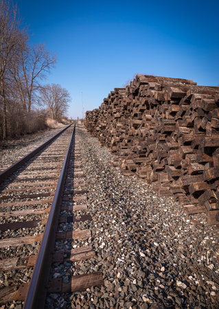 Single High speed mainline railroad track out of Detroit Michigan  railyardの写真素材